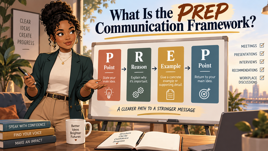 Digital illustration of a Black woman presenting the PREP Communication Framework on a large board in a warm, professional setting. The board shows the four-step structure: Point, Reason, Example, and Point, explaining how each step helps organize an idea into a clear message. State your main idea, explain why it’s important, give a concrete example or supporting detail, and return to your main idea. The woman gestures toward the framework while holding a marker, reinforcing the article’s focus on structured, confident workplace communication.